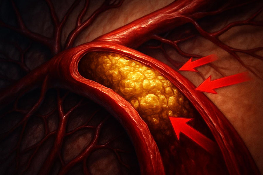 Close-up of a clogged artery highlighting dangerous cholesterol buildup.