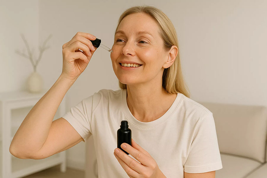 An elderly woman gracefully applies skincare serum in a serene, minimalist home.