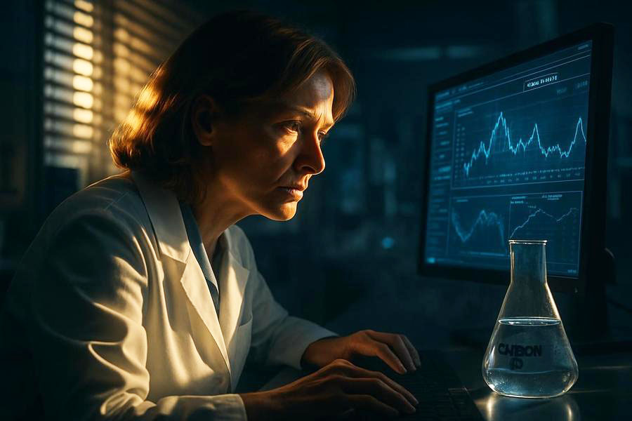 Soustředěný vědec zkoumá data o cholesterolu v high-tech laboratoři.