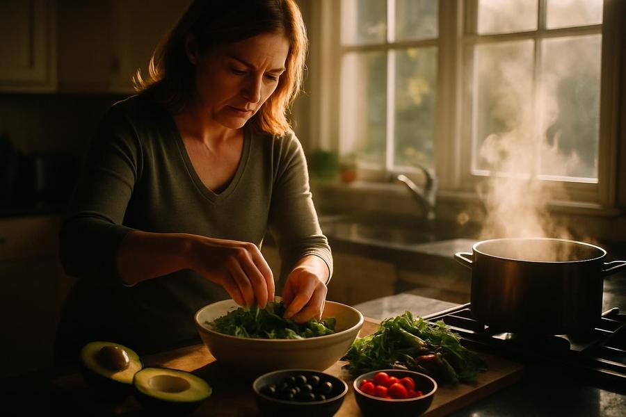 Een vastberaden vrouw bereidt een levendige, gezonde maaltijd in haar keuken.