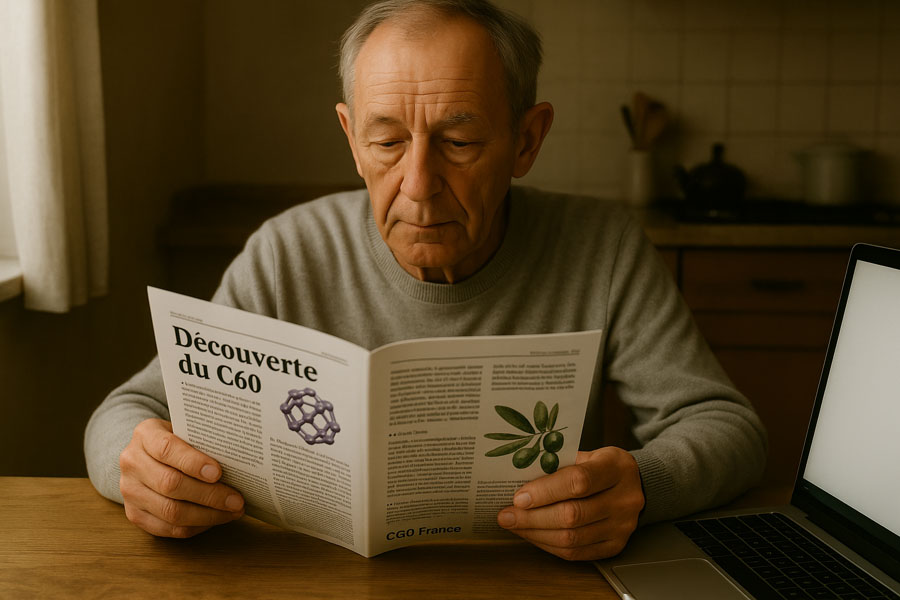 Een oudere man zit aan een tafel met supplementen en tijdschriften.