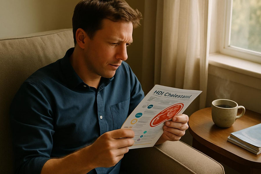 Een bedachtzame man bestudeert HDL-cholesterol terwijl hij geniet van thee in een fauteuil.