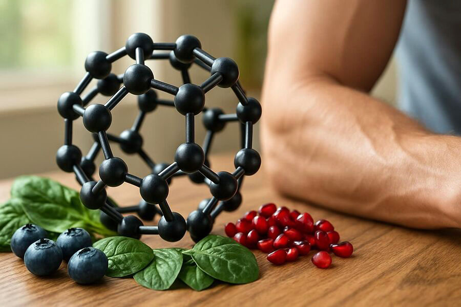 Een wetenschapper onderzoekt een bekerglas met Carbon 60-moleculen in een laboratorium.