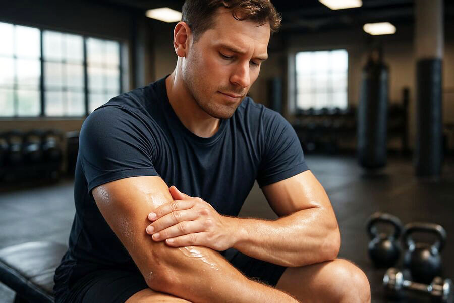Een man masseert spierherstelgel na een intense training.