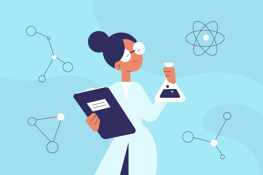 Infographic van een gefocuste wetenschapper die Carbon 60 in olijfolie giet in een lab.