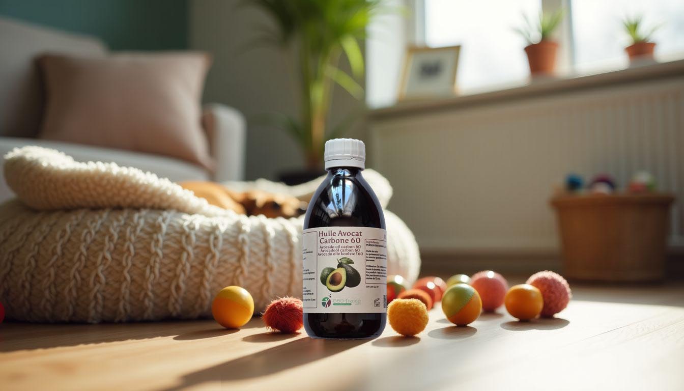 A bottle of C60 oil placed among pet products in a cozy living room.