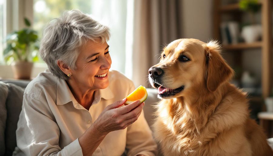 An older woman shares fruit with her aging golden retriever dog.