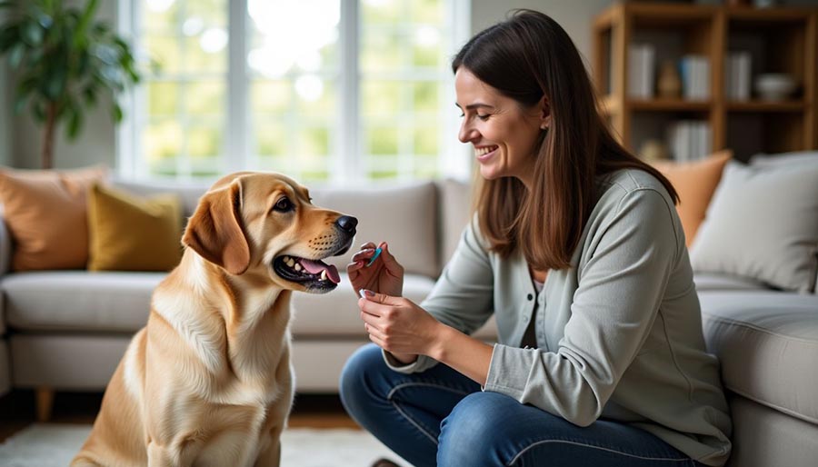 A woman in her 40s giving C60 to a Labrador Retriever.