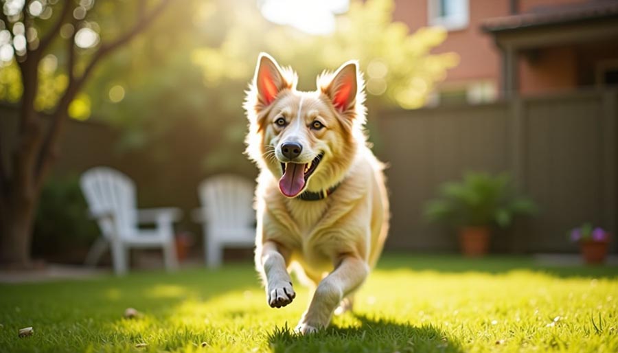 A senior dog happily plays in a sunny backyard garden.