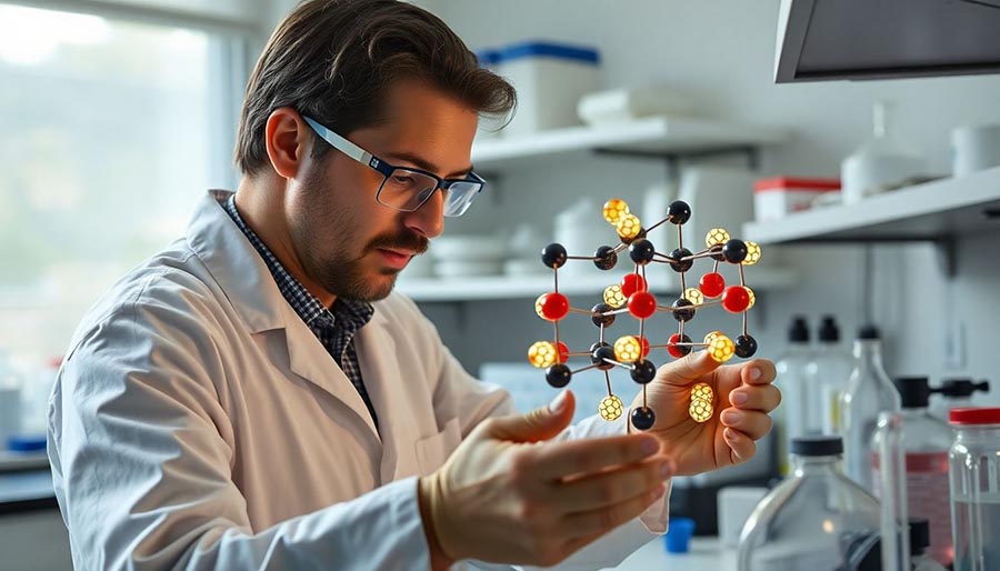 A scientist conducting experiments with C60 molecules in a laboratory.