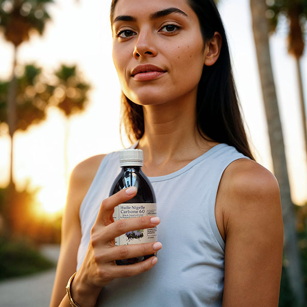 Een vrouw houdt een fles C60 zwarte komijnolie buiten vast.
