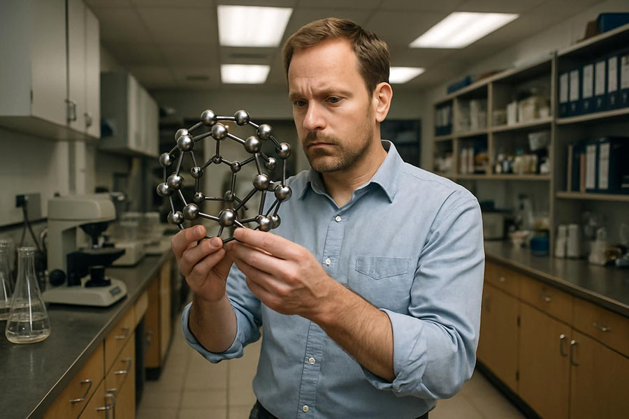 Een geconcentreerde man bestudeert een buckminsterfullereenmodel in een laboratorium.