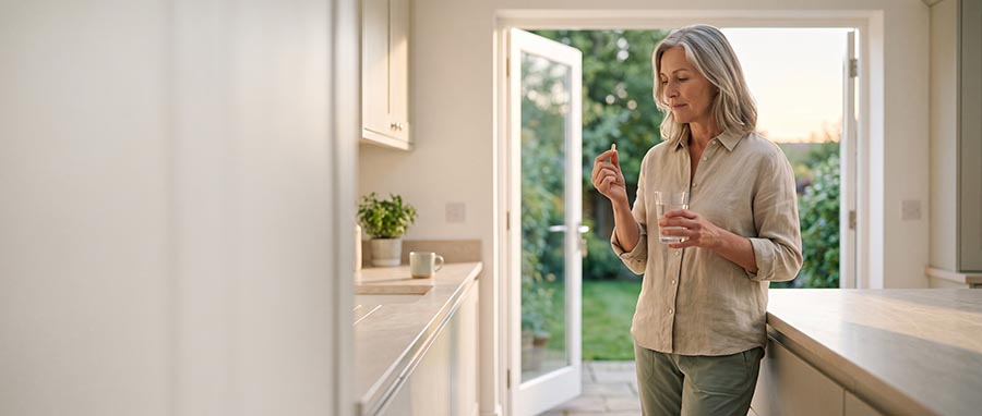 NMN for longevity — active adult over 50 with morning NMN capsule and glass of water before a walk