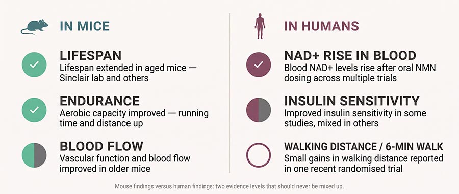 Infographie comparant les résultats des essais cliniques sur le NMN chez l'humain aux études sur la souris concernant la durée de vie, l'endurance et la sensibilité à l'insuline