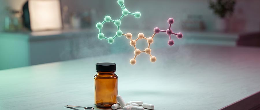 Bienfaits du NMN dans les recherches anti-âge de David Sinclair : molécule de NMN à côté d'une paillasse de laboratoire et gélules de NMN