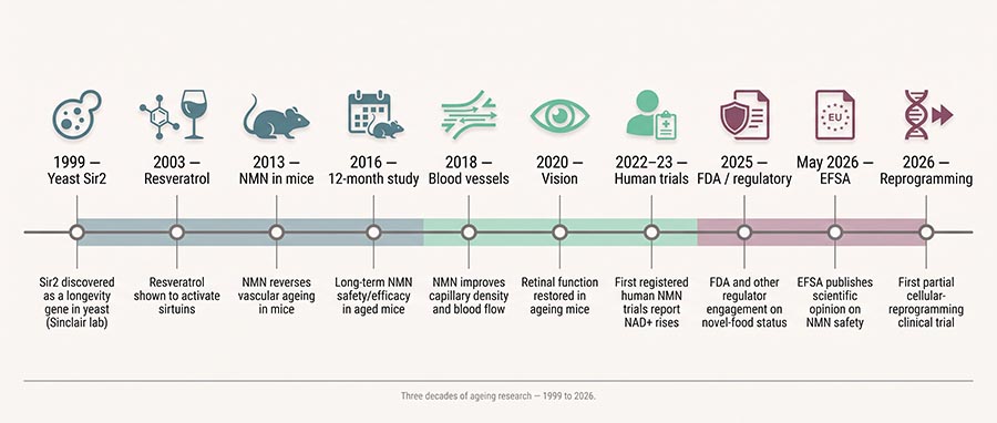 Chronologie des avancées de David Sinclair sur le NMN et les sirtuines, des études sur la levure aux essais chez l'humain, de 1997 à 2026