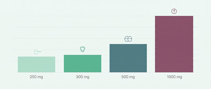 NMN dosage ladder infographic comparing 250 mg, 500 mg and 1000 mg per day NMN doses