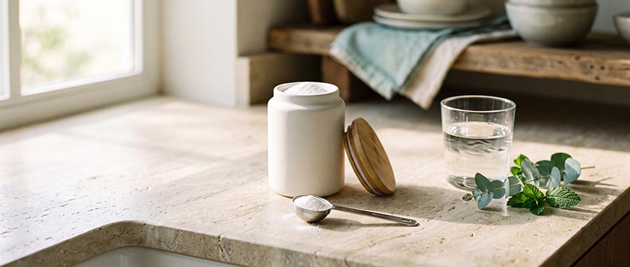 How much NMN per day — morning routine with NMN powder scoop, jar and glass of water