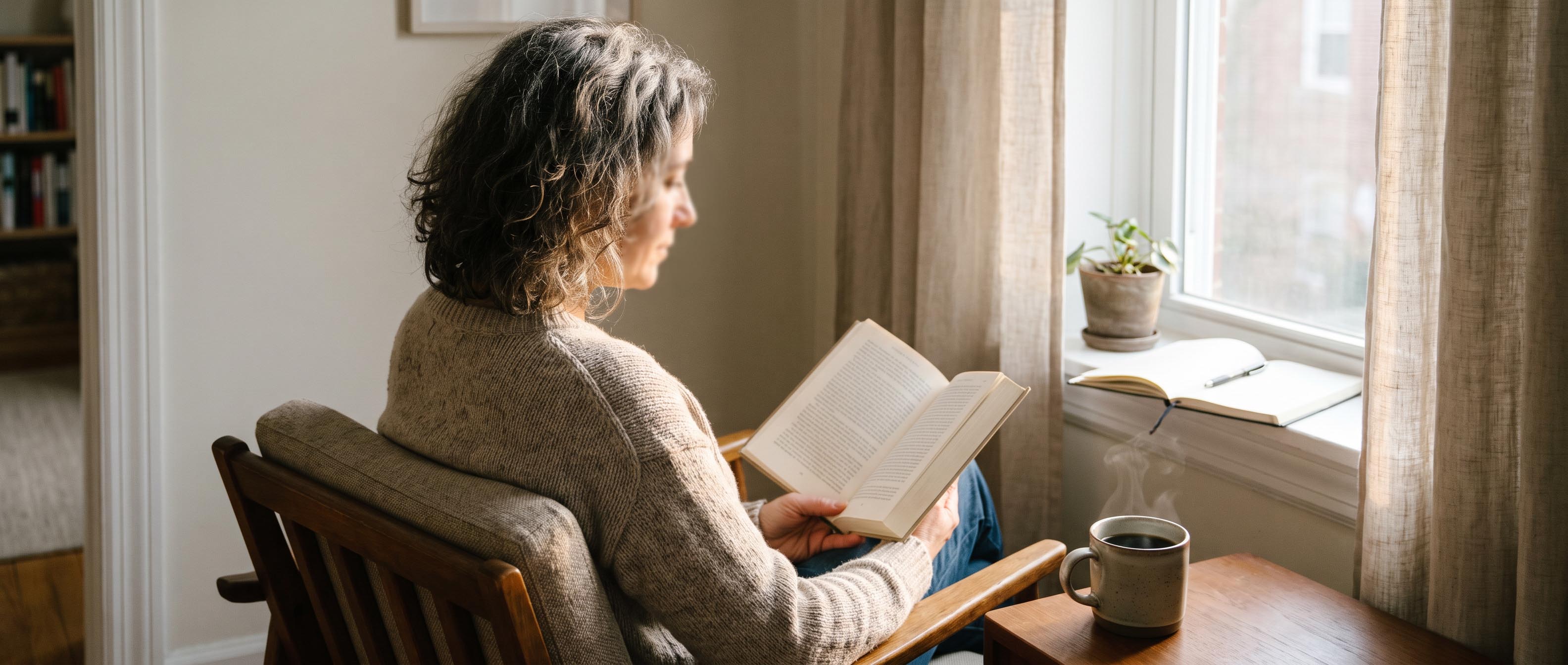 Reader enjoying Lifespan, David Sinclair's book on ageing, with a notebook and morning coffee