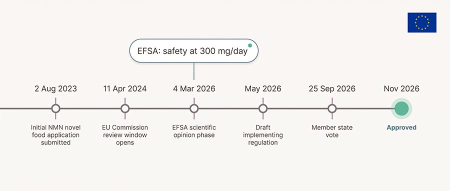 Infografica della cronologia dell'NMN come nuovo alimento nell'UE, dalla domanda del 2023 al voto degli Stati membri del 2026